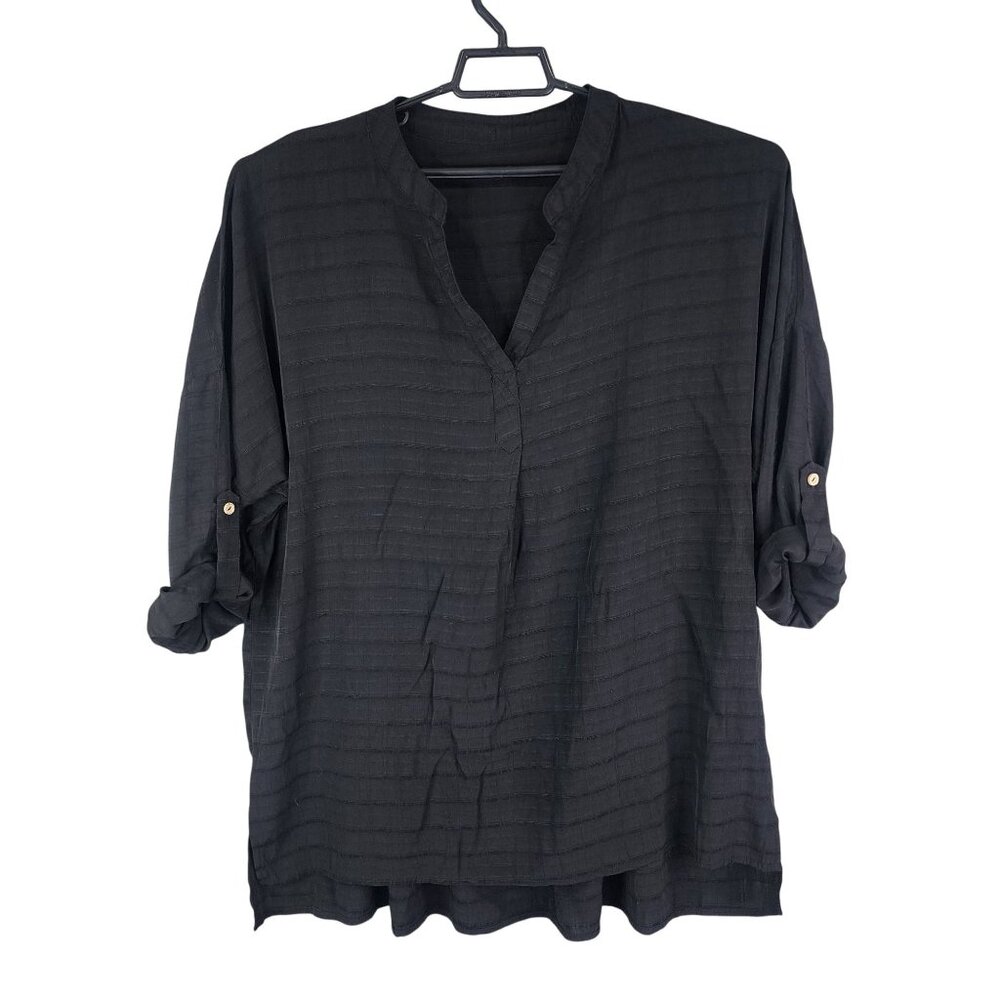 Womens Black Blouse Top Button Up Roll Tab Sleeve Viscose & Polyester Size 2XL